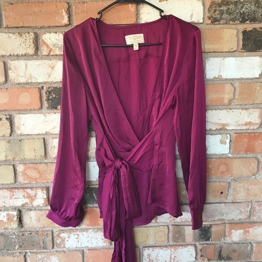 - Anthropologie Moulinette Souers Satin Burgandy Wrap Top - Picture 7 of 7